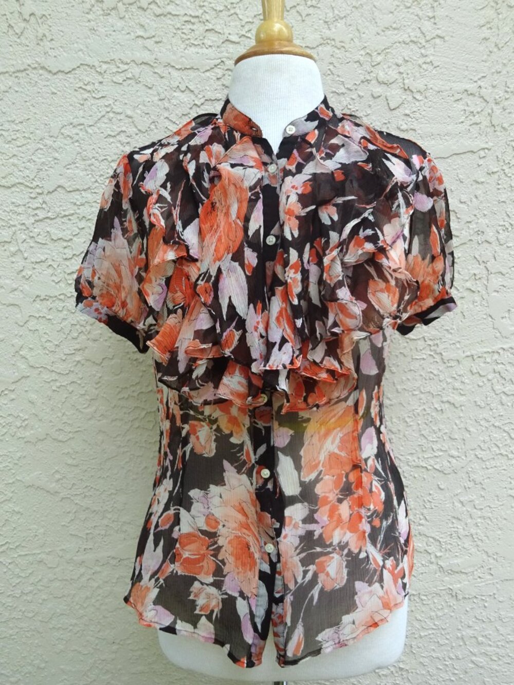 Lauren Ralph Lauren Brown Orange Silk Floral Ruffle Blouse - Size 14